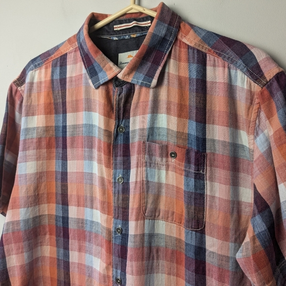 TOMMY BAHAMA Men Plaid Button Down Shirt Size Large 100% Cotton Short Sleeve - Picture 2 of 10